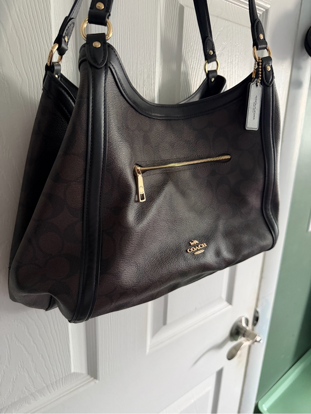 Coach Dark Brown Signature Canvas Shoulder Bag with Black Trim - Picture 2 of 16